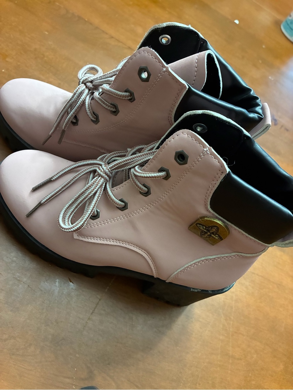 SHEIN Pink Lace-Up Combat Boots with Black Collar